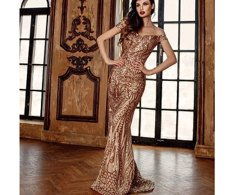 G153, Golden Sequin Mermaid Cocktail Evening Gown, Size (XS-30 to L-36)