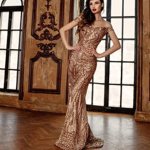 G153, Golden Sequin Mermaid Cocktail Evening Gown, Size (XS-30 to L-36)