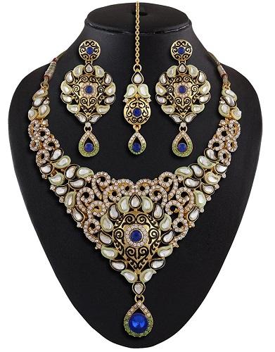 Royal Blue Kundan Meenakari Jewelry Necklace Set With Mangtika