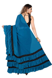 L75, Sky Blue Ruffle Saree, Size (XS-30 to L-38)