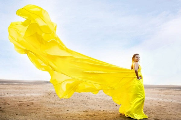 G578, Lemon yellow prewedding Shoot Long Trail Gown, Size (All)