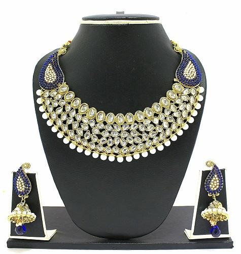 Kundan Set, (Kundan With Blue Beads Gold Plated Necklace Set)