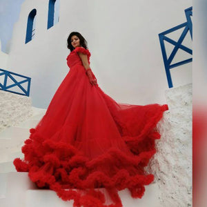 G137 (9), Luxury Red Puffy Cloud Trail Ball Gown,  Size - (XS-30 to XXL-44)