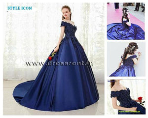 G132 (4), Navy Blue Satin Off Shoulder Trail Ball gown