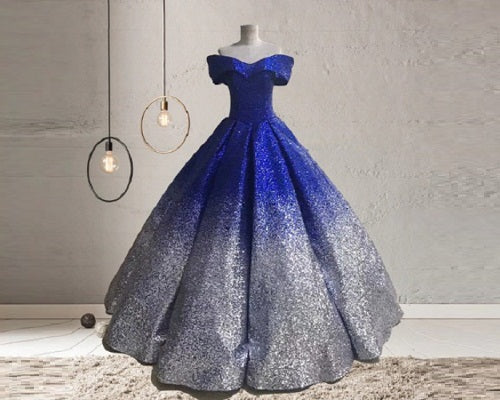 G236, Luxury Blue And Silver Princess Big Ball Gown, Size (XS-30 to L-38)