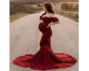 G247 (1), Red Wine Maternity Shoot Baby Shower Trail Lycra Body Fit Gown Size(All)