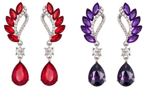 Beautiful Colorful Female Long Big Crystal Earrings Cuffs Fashion Jewelry in Red and Purple Color