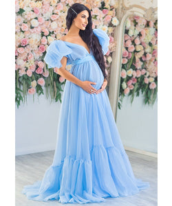G952, Blue Ruffled Maternity Shoot  Gown, Size (All)pp