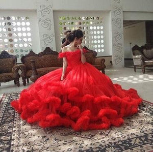 G137 (9), Luxury Red Puffy Cloud Trail Ball Gown, Size (XS-30 to xl 42)