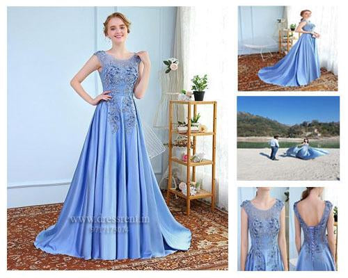 G73, Sky Blue Satin Flower Prom Gown, Size (XS-30 to XXXL-46)