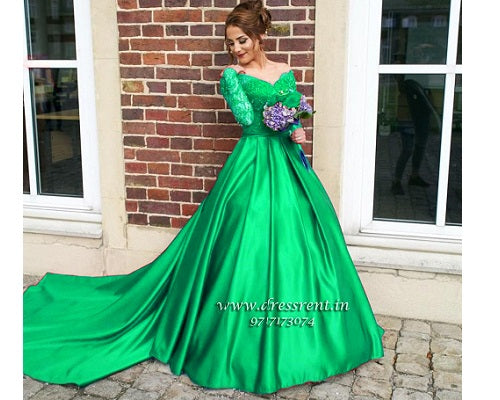 G122, Green colour Satin Off Shoulder Full Sleeves Trail Ball gown, Size (XS-30 to L-38)
