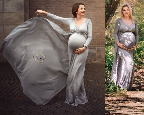 G155 (2), Grey Maternity Shoot Trail Baby Shower  Lycra Fit Gown, Size (ALL)