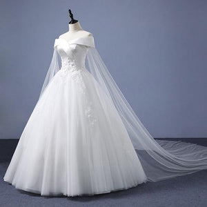 W151 (2) White Off-Shoulder Veil Princess Trail Wedding Gown, Size (XS-30 to XL-40)