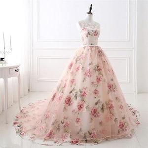 G210 (7), Light Pink Floral Ball Gown with Trail, Size (XS-30 to 4XL -48)