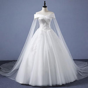 W151 (2) White Off-Shoulder Veil Princess Trail Wedding Gown, Size (XS-30 to XL-40)