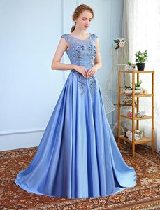 G73 t, Sky Blue Satin Flower Prom Trail Gown, Size (XS-30 to XXXL-46)