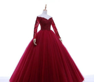 G135 (5), Wine Ball Semi off Shoulder Gown, Size (XS-30 to L-38) Ball Gown dressstyleicon 