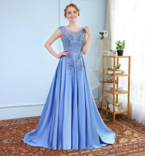 Load image into Gallery viewer, G73 t, Sky Blue Satin Flower Prom Trail Gown, Size (XS-30 to XXXL-46)