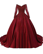 Load image into Gallery viewer, G429, Dark Wine Satin Semi Off Shoulder Full Sleeves Prewedding Shoot Trail Ball Gown, Size (XS-30 to XXL-44)