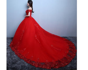 G134 (2), Red OffShoulder Cap Sleeves Trail Ball Gown, Size (XS-30 to XXL-42)