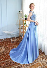 Load image into Gallery viewer, G73, Sky Blue Satin Flower Maternity Prom Trail Baby Shower Gown, Size (XS-30 to XXL-44) Evening Gown dressstyleicon 