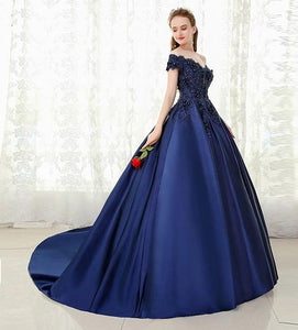 G132 (4), Navy Blue Satin Off Shoulder Trail Ball gown, Size (XS-30 to XL-40)
