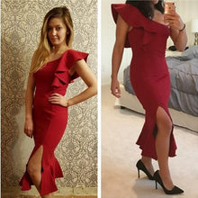 Load image into Gallery viewer, G102, Red Slit Fishtail One Shoulder Dress, Size (XS-30 to L-38)