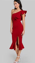 Load image into Gallery viewer, G102, Red Slit Fishtail One Shoulder Dress, Size (XS-30 to L-38)