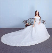 Load image into Gallery viewer, W171, White Off-Shoulder Flower Trail Wedding Gown, Size (XS-30 to L-38)