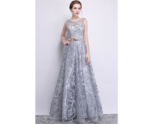 G81, Silver Long Lace Elegant Evening Dress, Size (XS-30 to L-38)