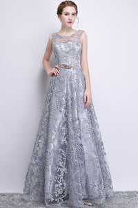 G81, Silver Long Lace Elegant Evening Dress, Size (XS-30 to L-38)