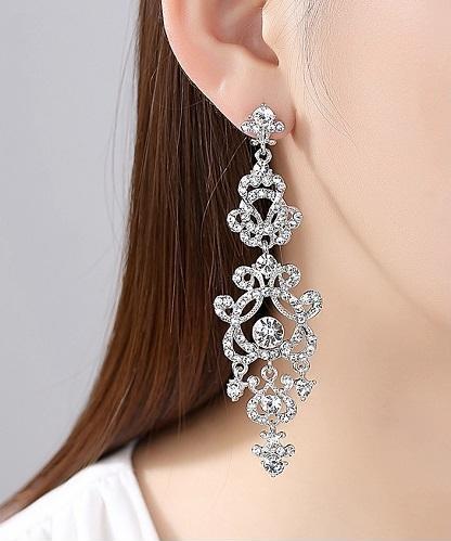 Floral Silver Long Earrings,