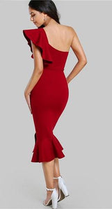 G102, Red Slit Fishtail One Shoulder Dress, Size (XS-30 to L-38)