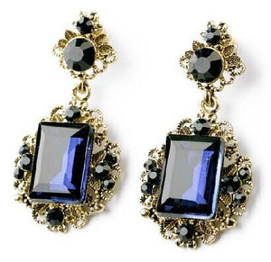 Vintage Gold Plated Luxury Flower Blue Crystal Glass Stud Earrings