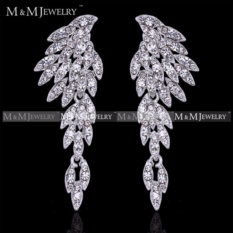 Eagle Silver Crystal Bridal Drop Long Earrings with Stones