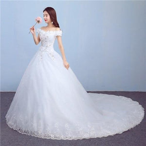 W171, White Off-Shoulder Flower Trail Wedding Gown, Size (XS-30 to L-38)