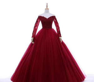 G135 (5), Wine Ball Semi off Shoulder Gown, Size (XS-30 to L-38) Ball Gown dressstyleicon 