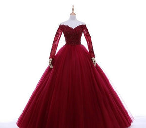 G135 (5), Wine Prewedding Shoot Semi off Shoulder Ball Gown, Size (XS-30 to L-38)