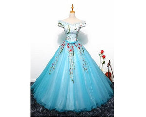 G150 (1), Sky Blue Floral Ball Gown, Size (XS-30 to L-36)
