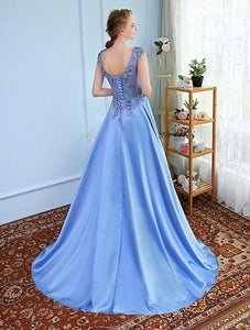 G73 t, Sky Blue Satin Flower Prom Trail Gown, Size (XS-30 to XXXL-46)
