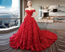 Load image into Gallery viewer, G226,(3) Red Luxury Feather Pattern Off-Shoulder Prewedding Extra Long Trail Gown, Size, (XS-30 to XL-40)