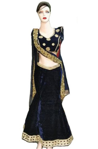 L22,Fishcut Blue Velvet Lehenga, Size (XS-30 to XL-40)