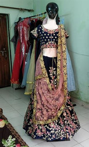 L27,Navy Blue Floral Embroidered Lehenga, Size (XS-30 to XXL-40)