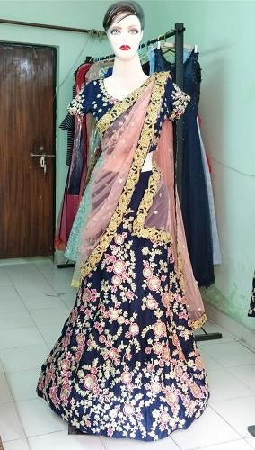 L27,Navy Blue Floral Embroidered Lehenga, Size (XS-30 to XXL-40)