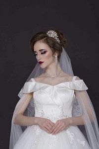 W151 (2) White Off-Shoulder Veil Princess Trail Wedding Gown, Size (XS-30 to XL-40)