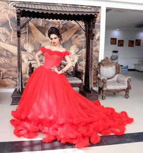 G137 (9), Luxury Red Puffy Cloud Trail Ball Gown, Size (XS-30 to xl 42)