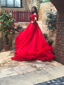 G137 (9), Luxury Red Puffy Cloud Trail Ball Gown,  Size - (XS-30 to XXL-44)