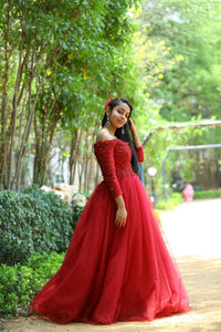 G135 (5), Wine Ball Semi off Shoulder Gown, Size (XS-30 to L-38) Ball Gown dressstyleicon 