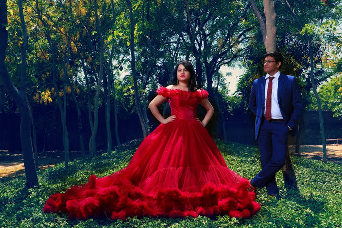 G137 (9), Luxury Red Puffy Cloud Trail Ball Gown, Size (XS-30 to xl 42)