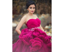 Load image into Gallery viewer, G148, Wine Off-Shoulder Cloud Trail Ball Gown, Size (XS-30 toL-38)